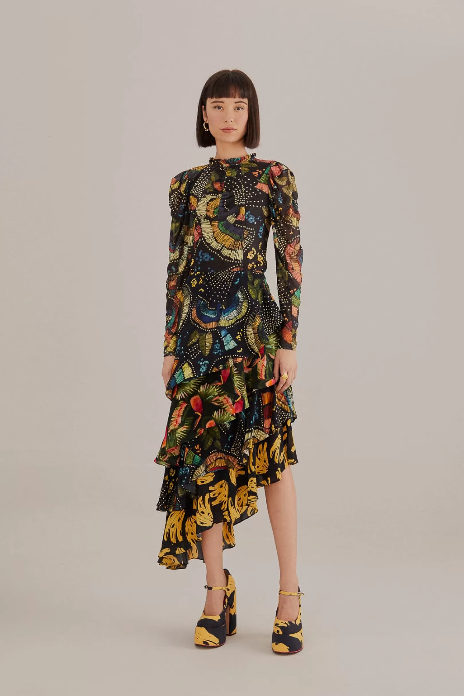 FARM Rio  BLACK COLORFUL BIRDS TULLE BLOUSE Store
