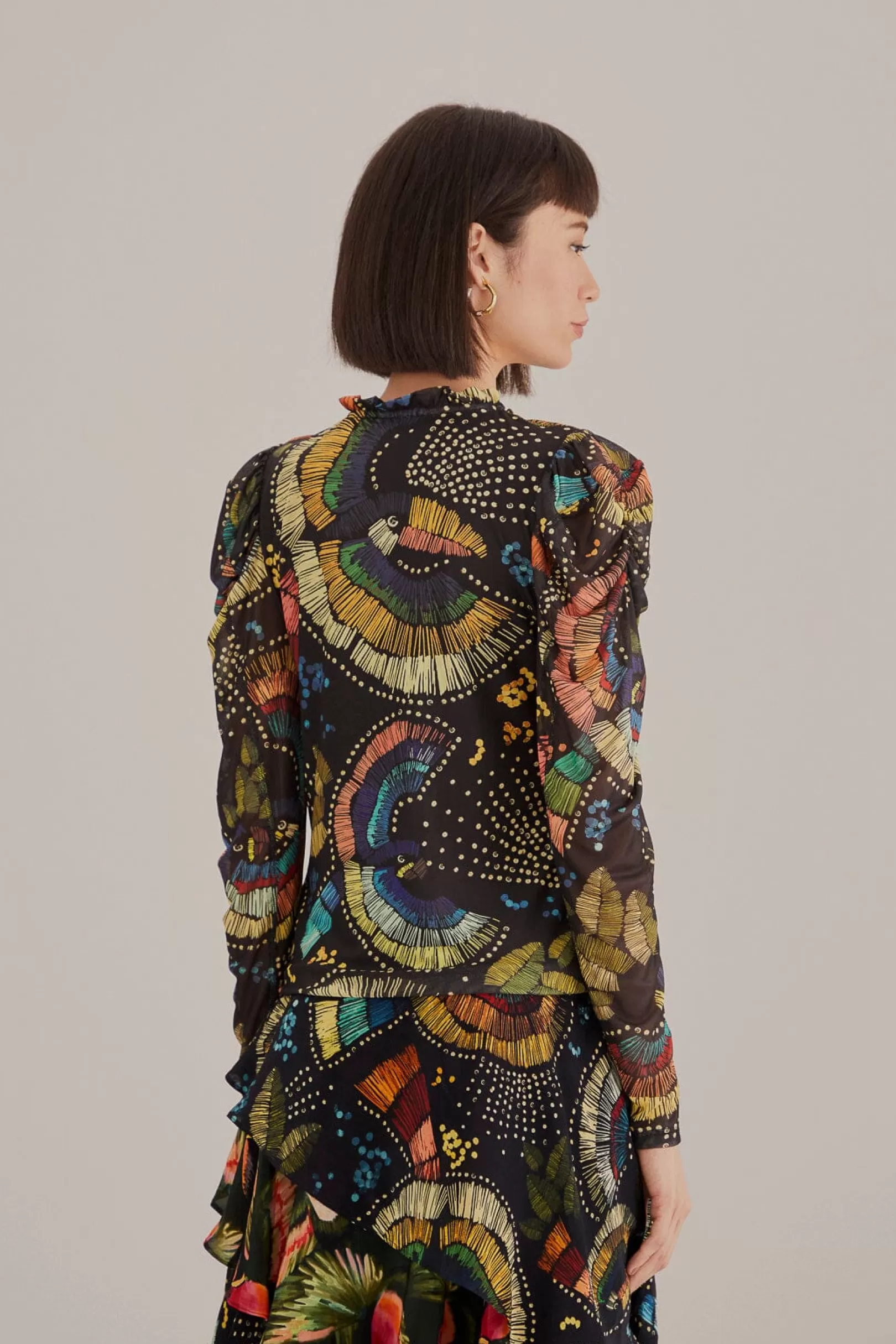 FARM Rio  BLACK COLORFUL BIRDS TULLE BLOUSE Store