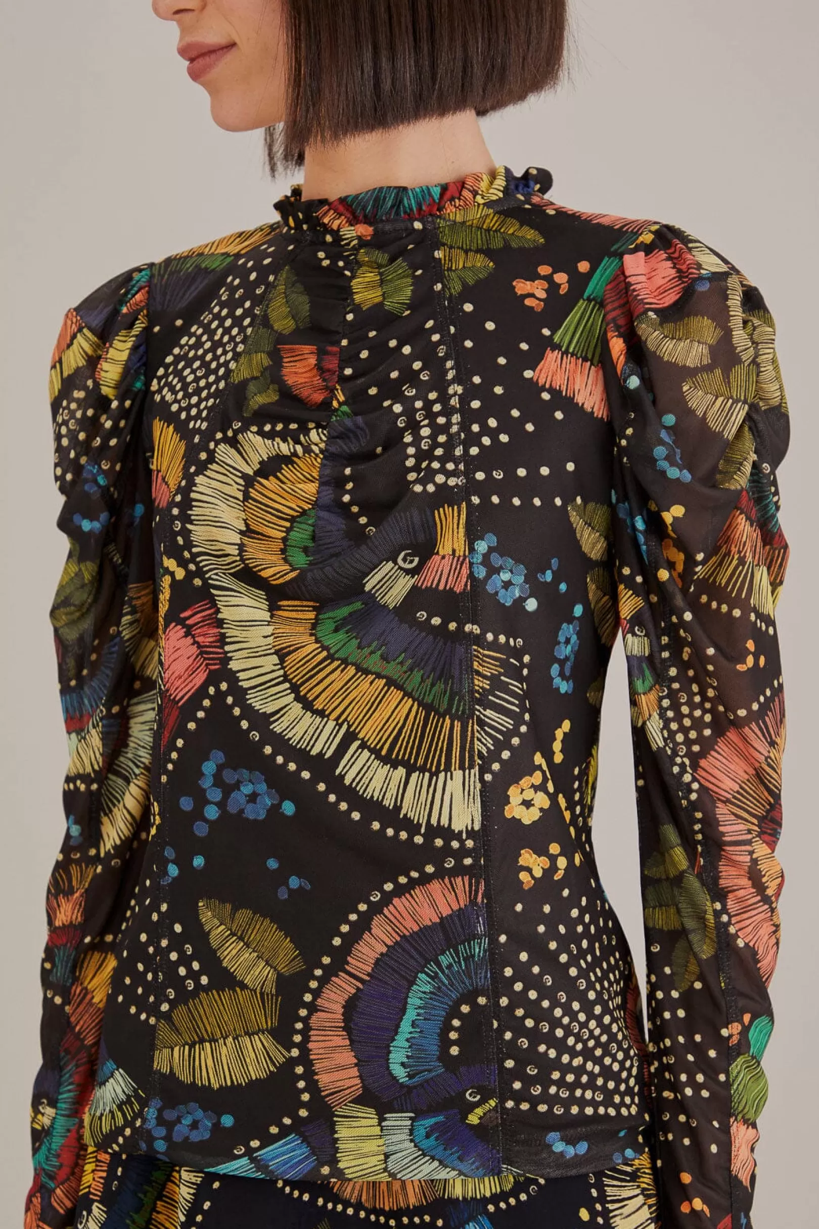 FARM Rio  BLACK COLORFUL BIRDS TULLE BLOUSE Store
