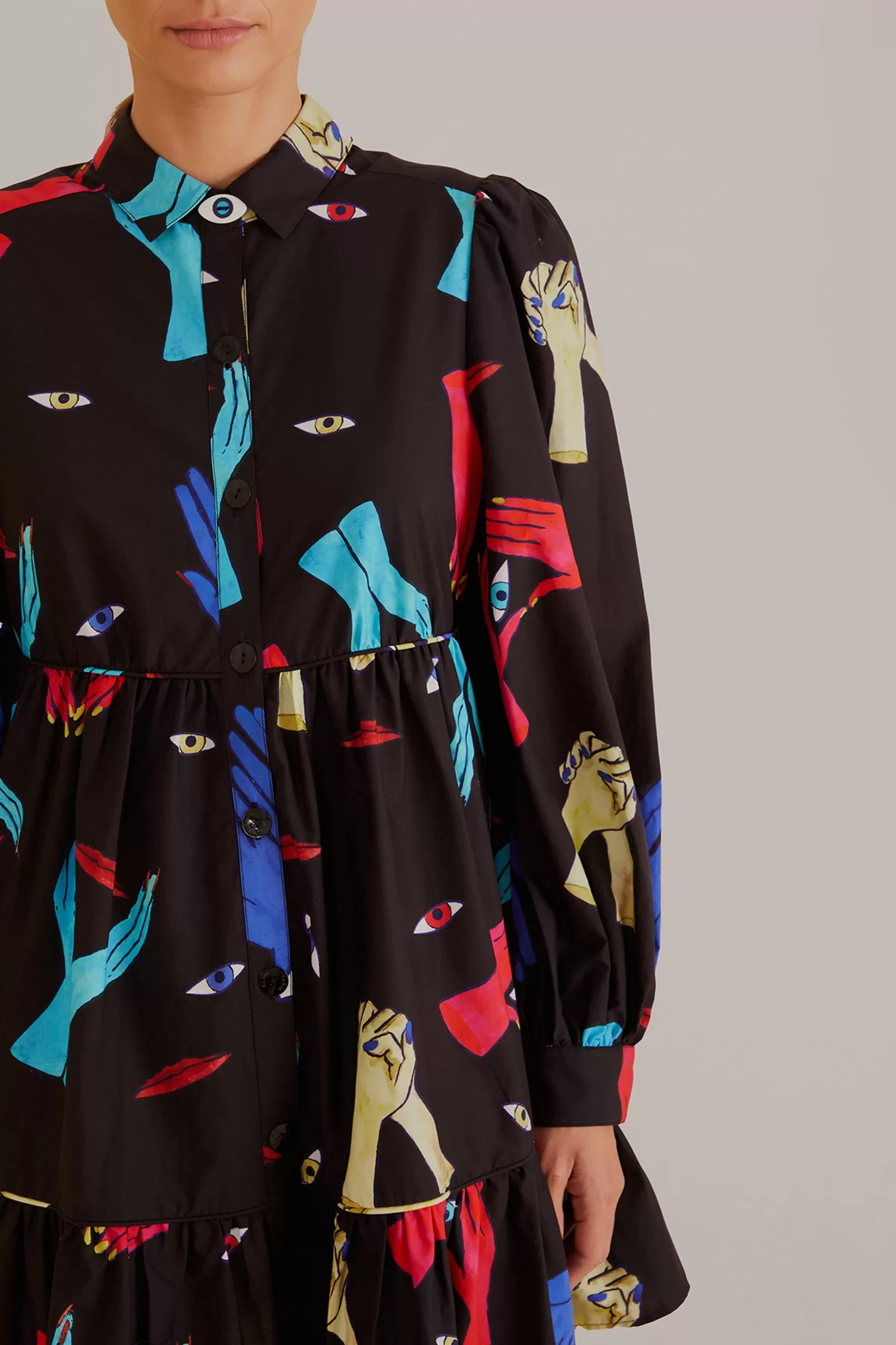 FARM Rio  BLACK COLORFUL TOGETHER  LONG SLEEVE MINI DRESS Store