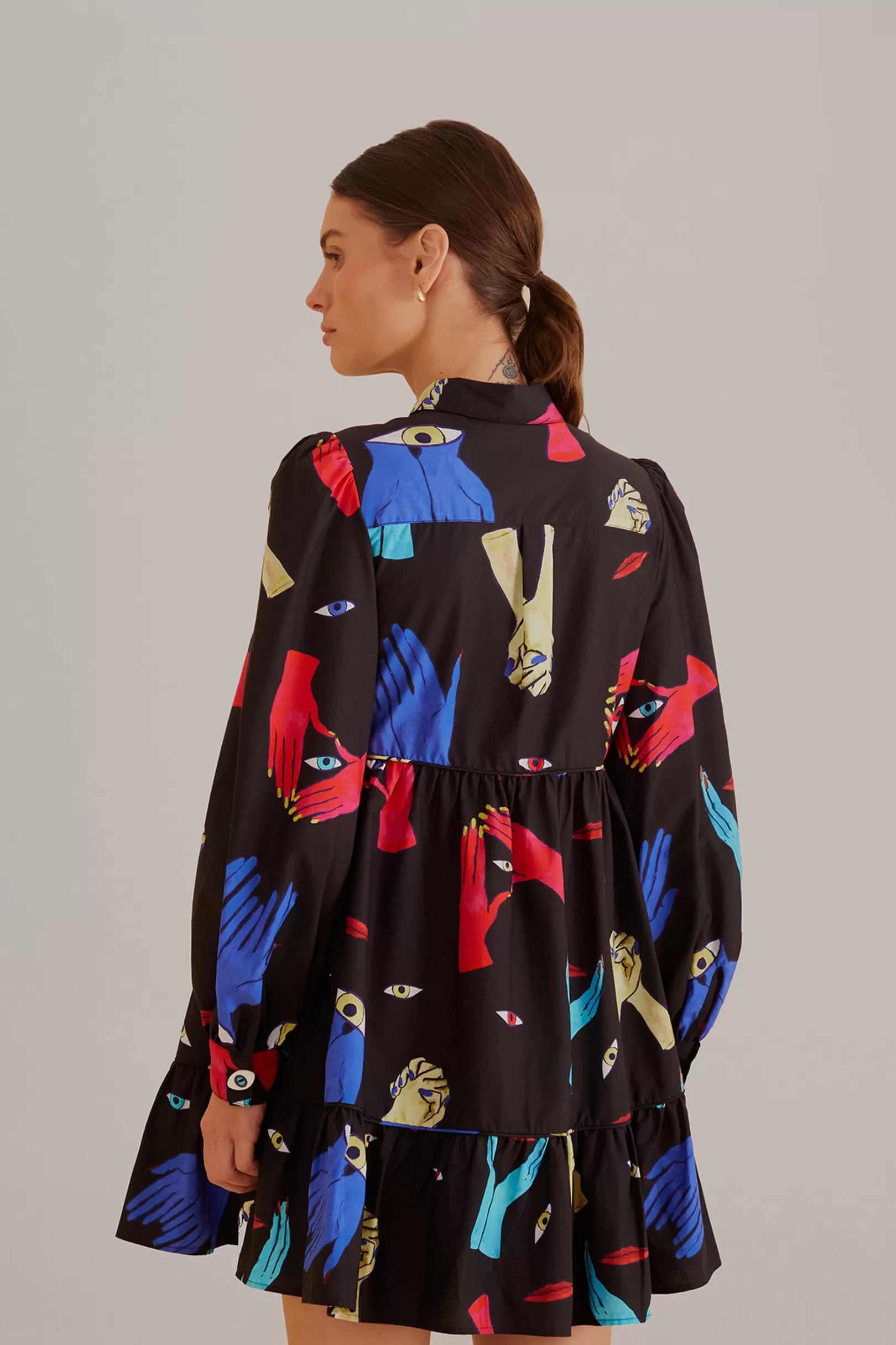 FARM Rio  BLACK COLORFUL TOGETHER  LONG SLEEVE MINI DRESS Store