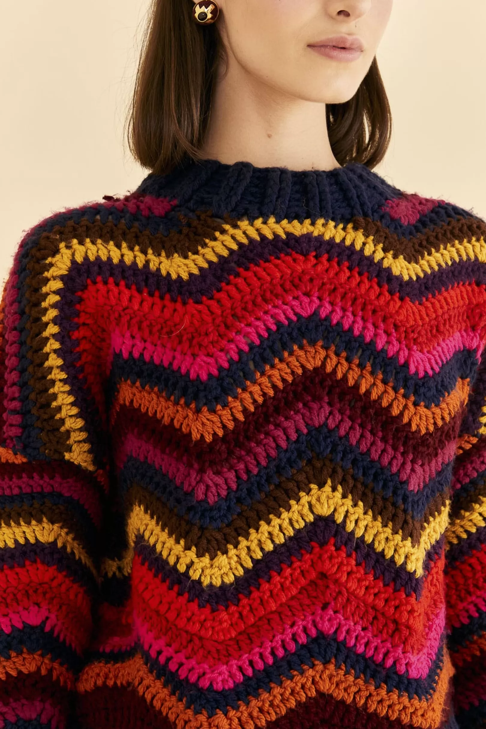 FARM Rio  COLORFUL WAVES CROCHET HIGH NECK SWEATER Shop