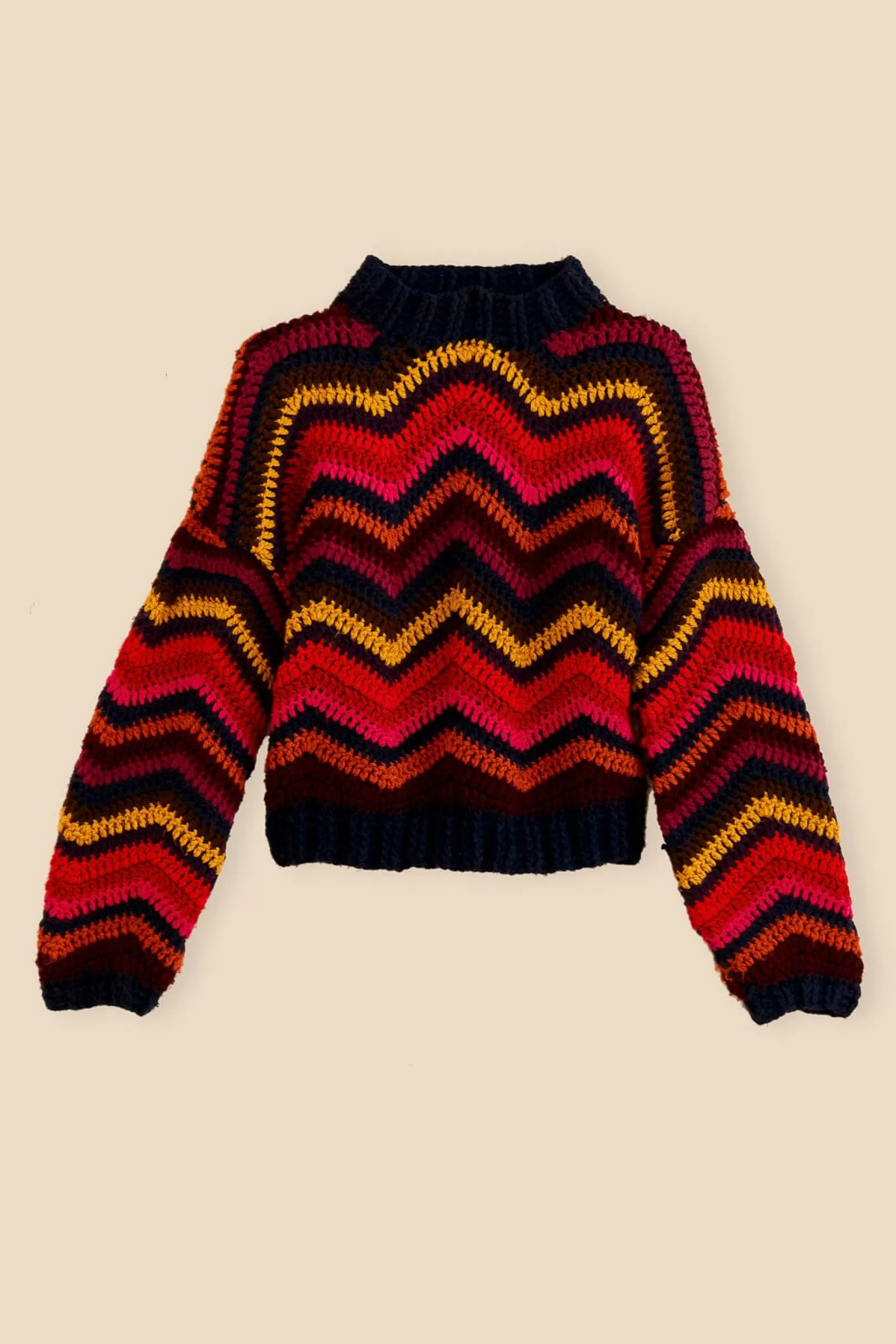 FARM Rio  COLORFUL WAVES CROCHET HIGH NECK SWEATER Shop