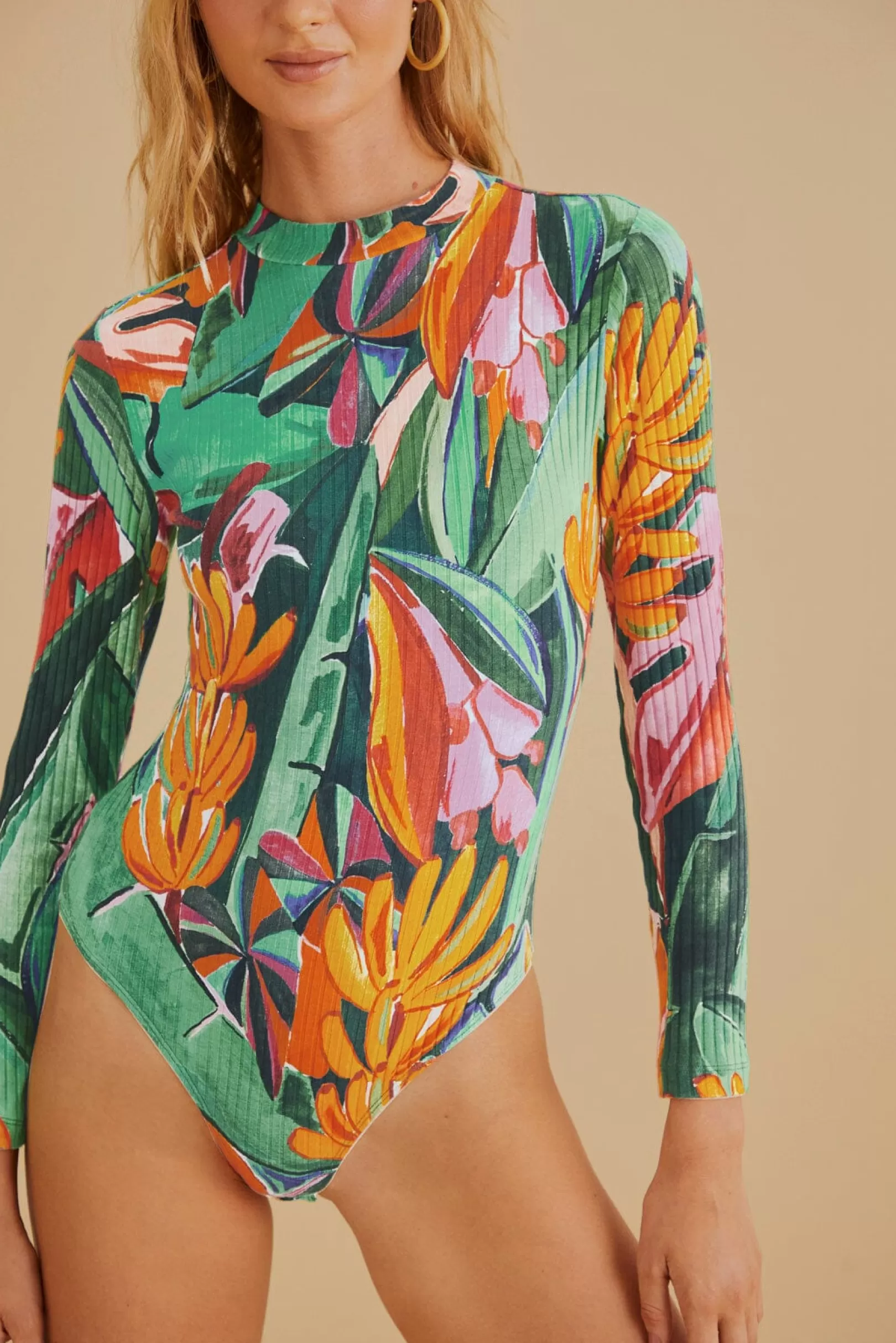 FARM Rio  MULTICOLOR BANANA FOLIAGE ORGANIC COTTON BODYSUIT Flash Sale