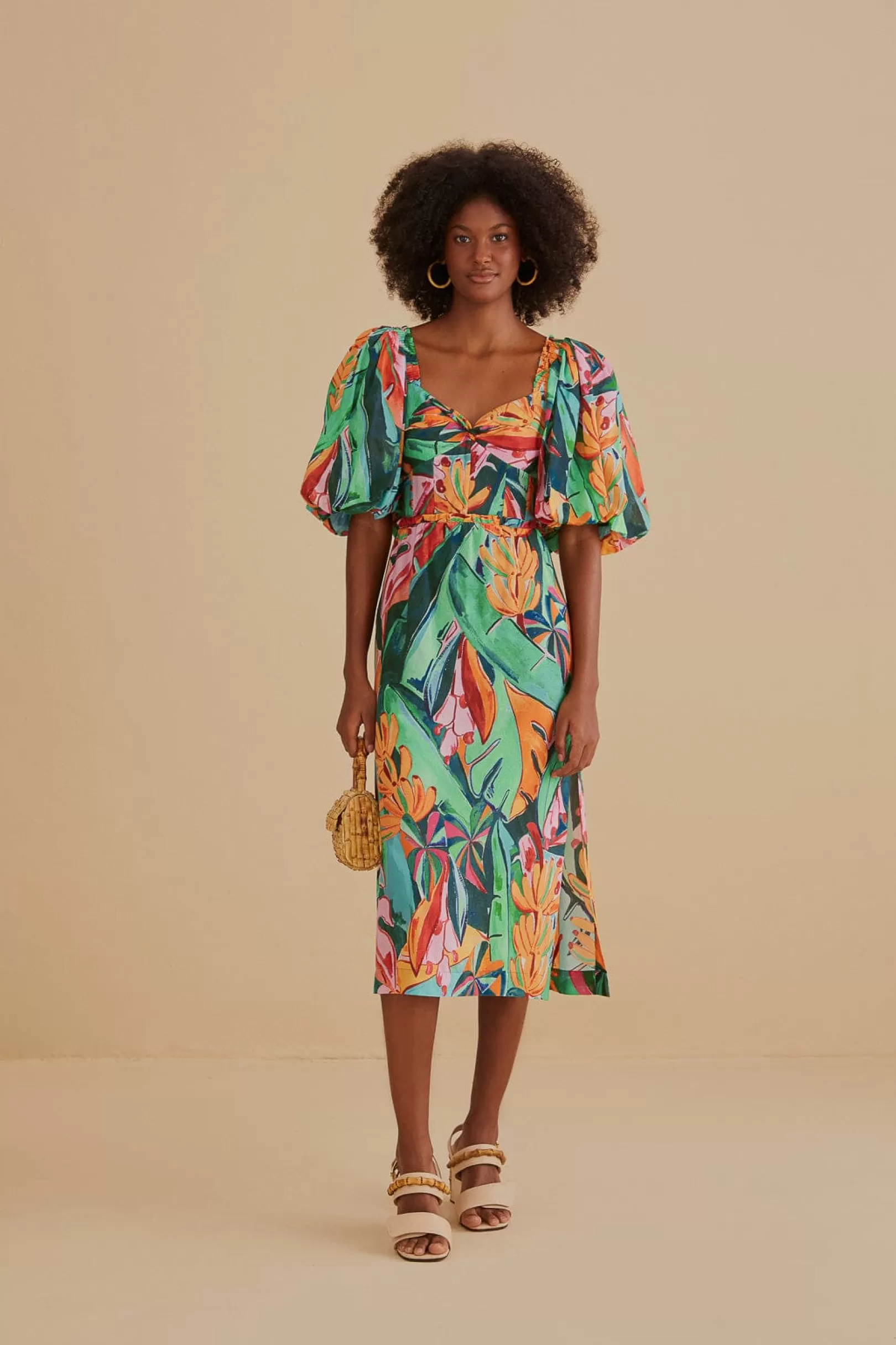 FARM Rio  MULTICOLOR BANANA FOLIAGE PUFF SLEEVE MIDI DRESS Best Sale