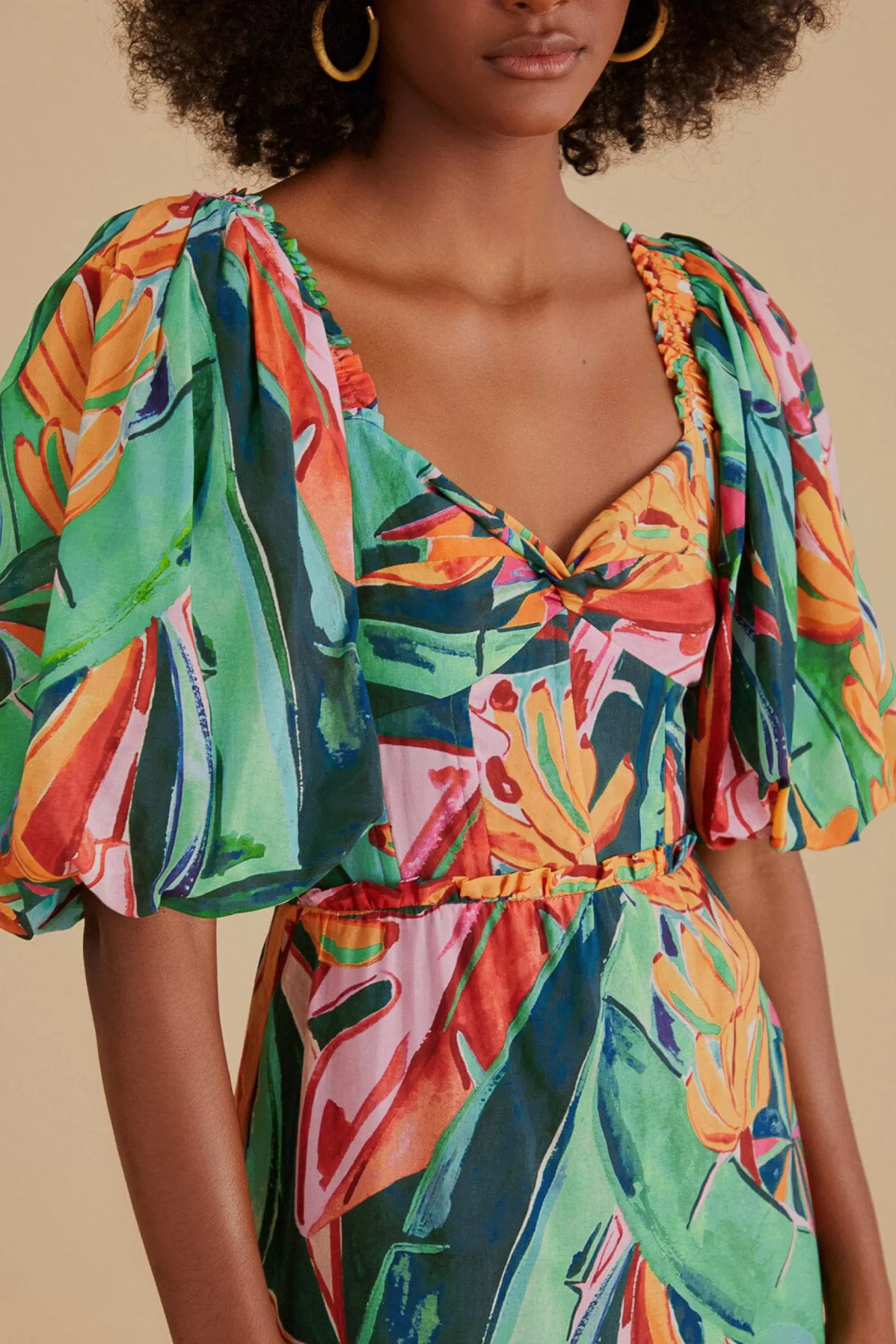 FARM Rio  MULTICOLOR BANANA FOLIAGE PUFF SLEEVE MIDI DRESS Best Sale