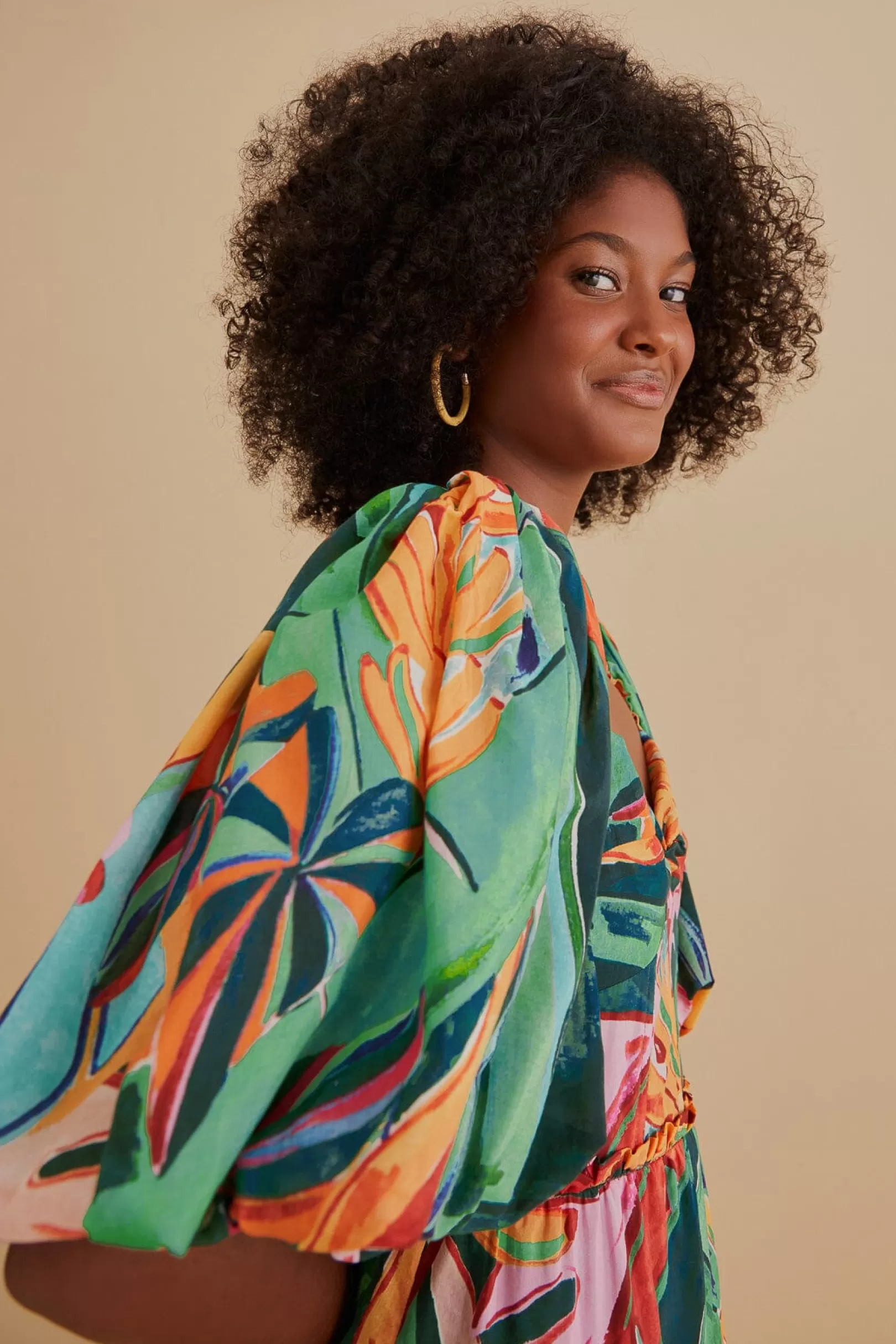 FARM Rio  MULTICOLOR BANANA FOLIAGE PUFF SLEEVE MIDI DRESS Best Sale