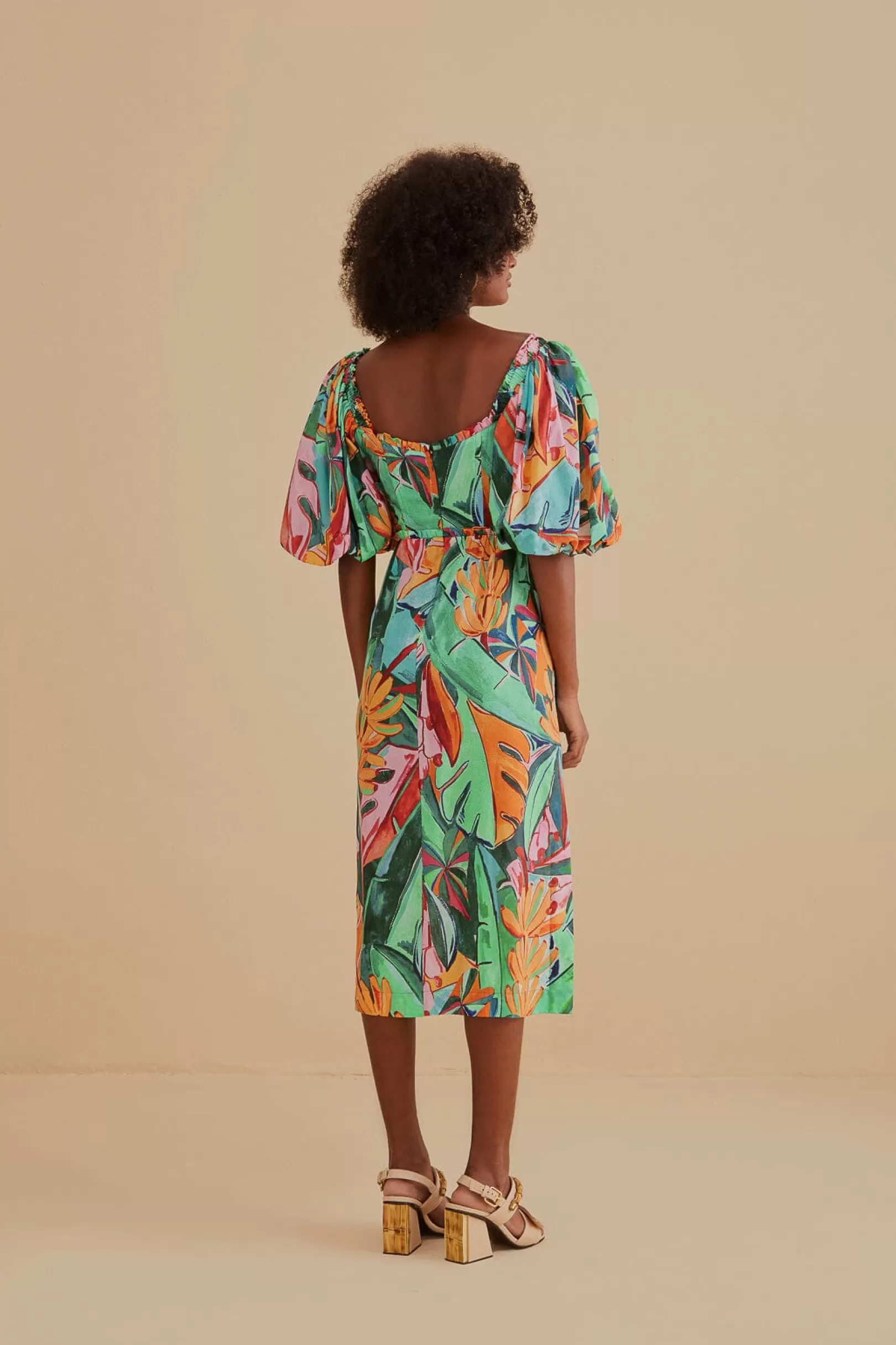 FARM Rio  MULTICOLOR BANANA FOLIAGE PUFF SLEEVE MIDI DRESS Best Sale