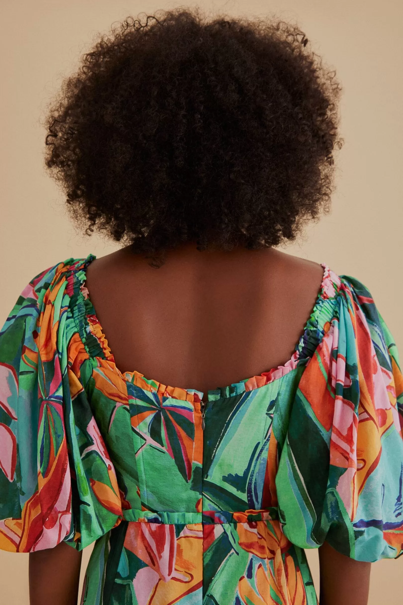 FARM Rio  MULTICOLOR BANANA FOLIAGE PUFF SLEEVE MIDI DRESS Best Sale