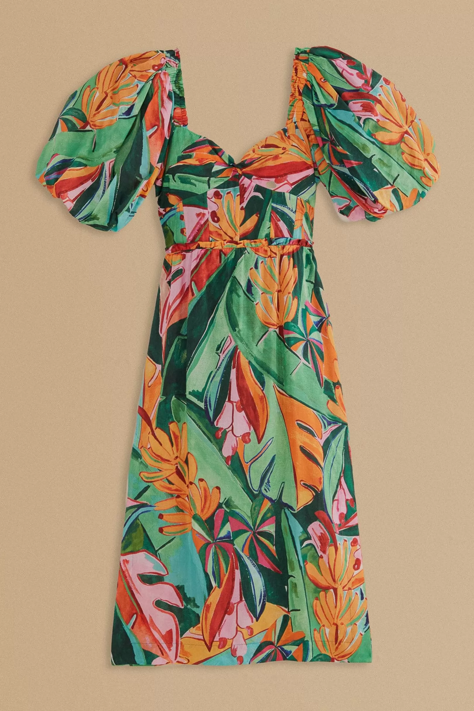FARM Rio  MULTICOLOR BANANA FOLIAGE PUFF SLEEVE MIDI DRESS Best Sale