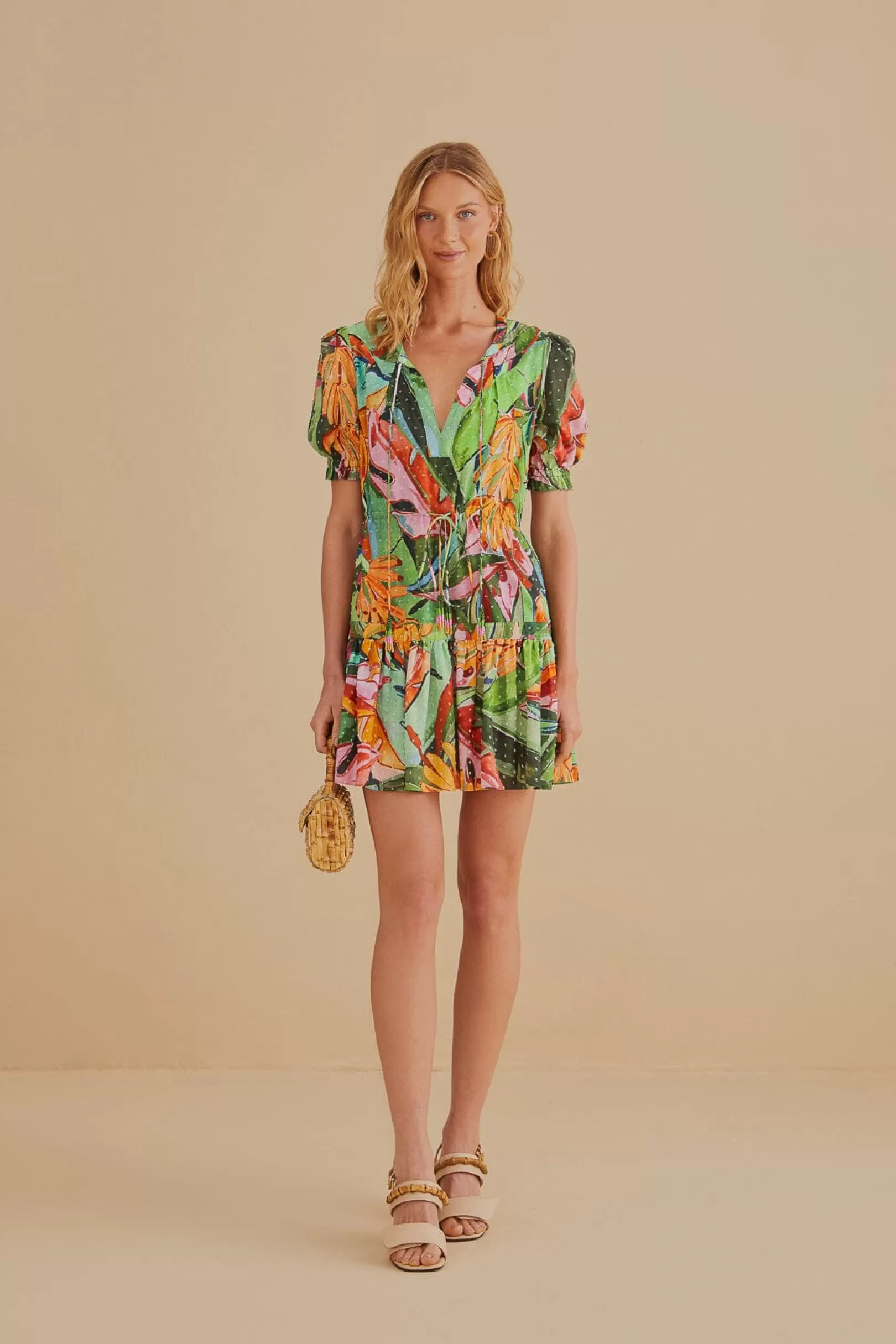 FARM Rio  MULTICOLOR BANANA FOLIAGE SHORT SLEEVE MINI DRESS Store