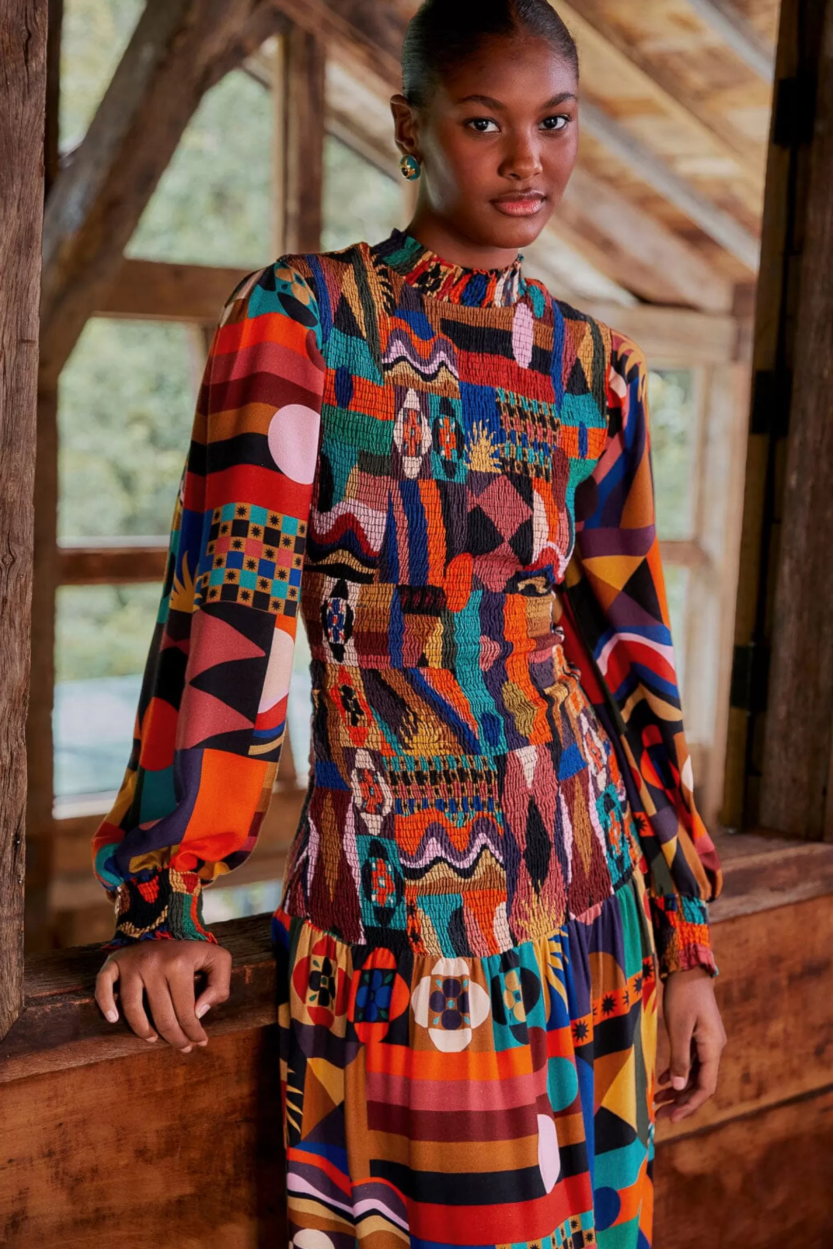 FARM Rio  MULTICOLOR TROPICAL SHAPES LENZING™ ECOVERO™ VISCOSE MIDI DRESS Flash Sale