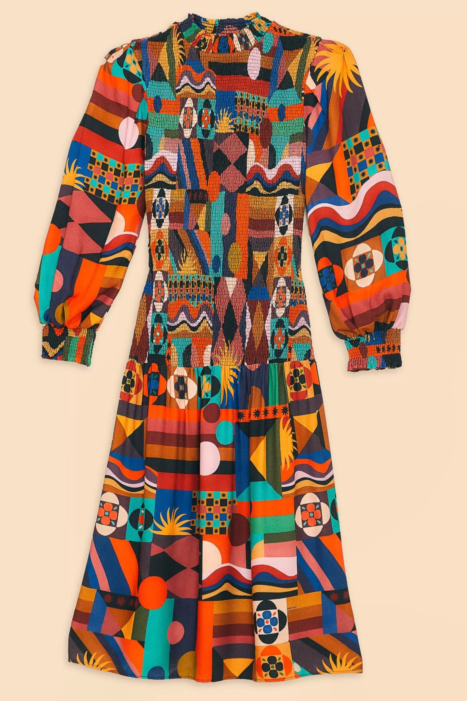 FARM Rio  MULTICOLOR TROPICAL SHAPES LENZING™ ECOVERO™ VISCOSE MIDI DRESS Flash Sale