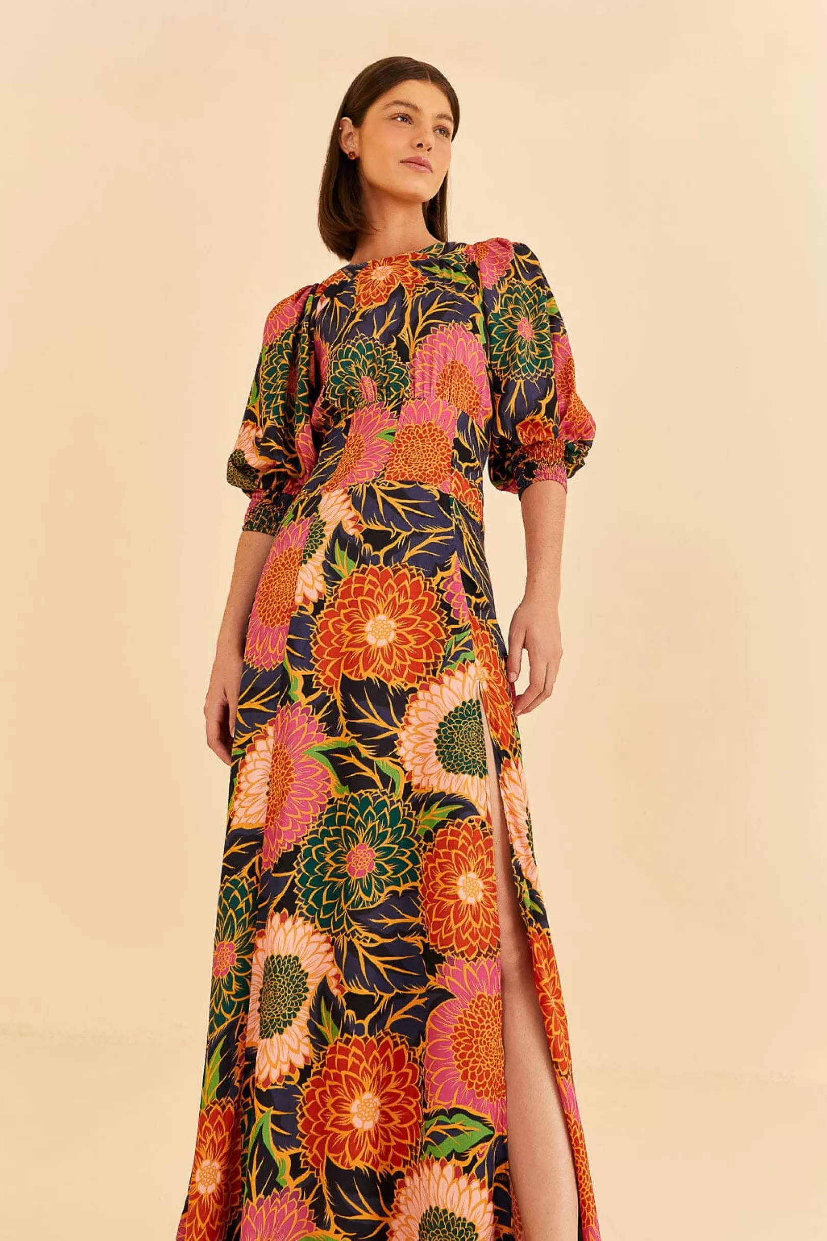 FARM Rio  MULTICOLOR VINTAGE GARDEN PUFF SLEEVE MAXI DRESS New