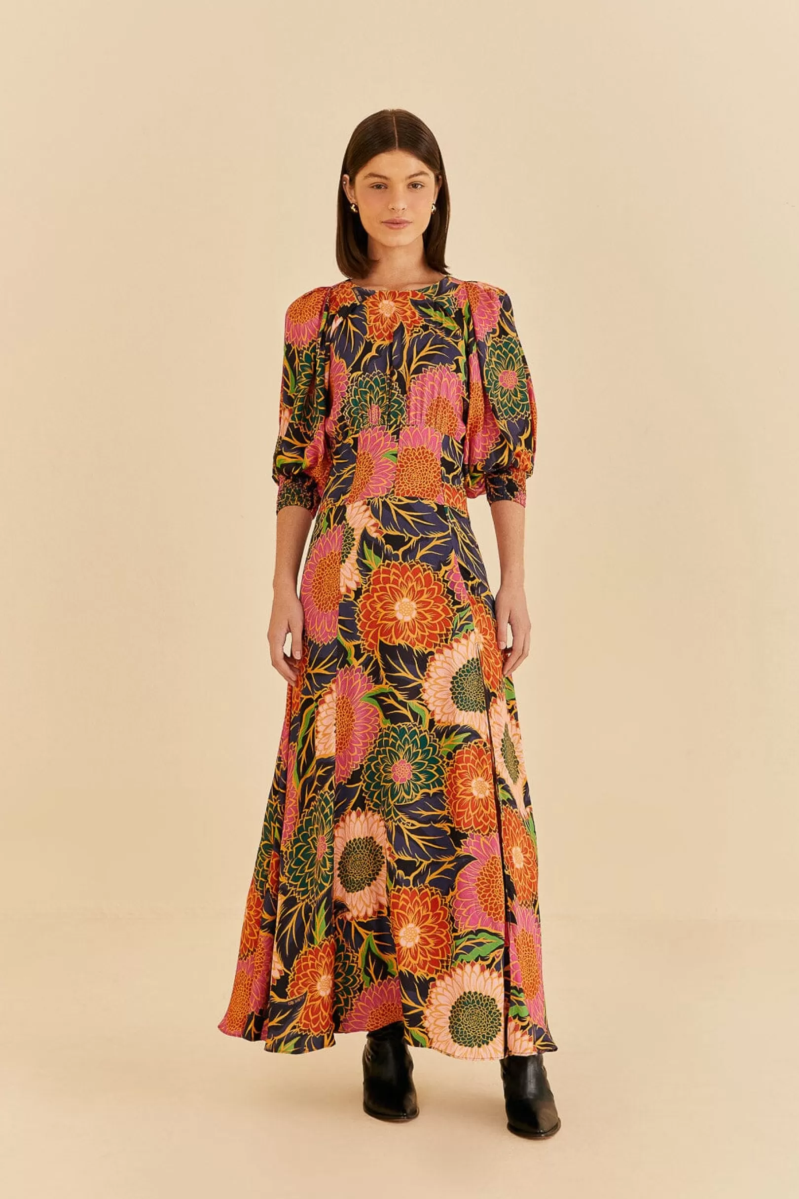 FARM Rio  MULTICOLOR VINTAGE GARDEN PUFF SLEEVE MAXI DRESS New
