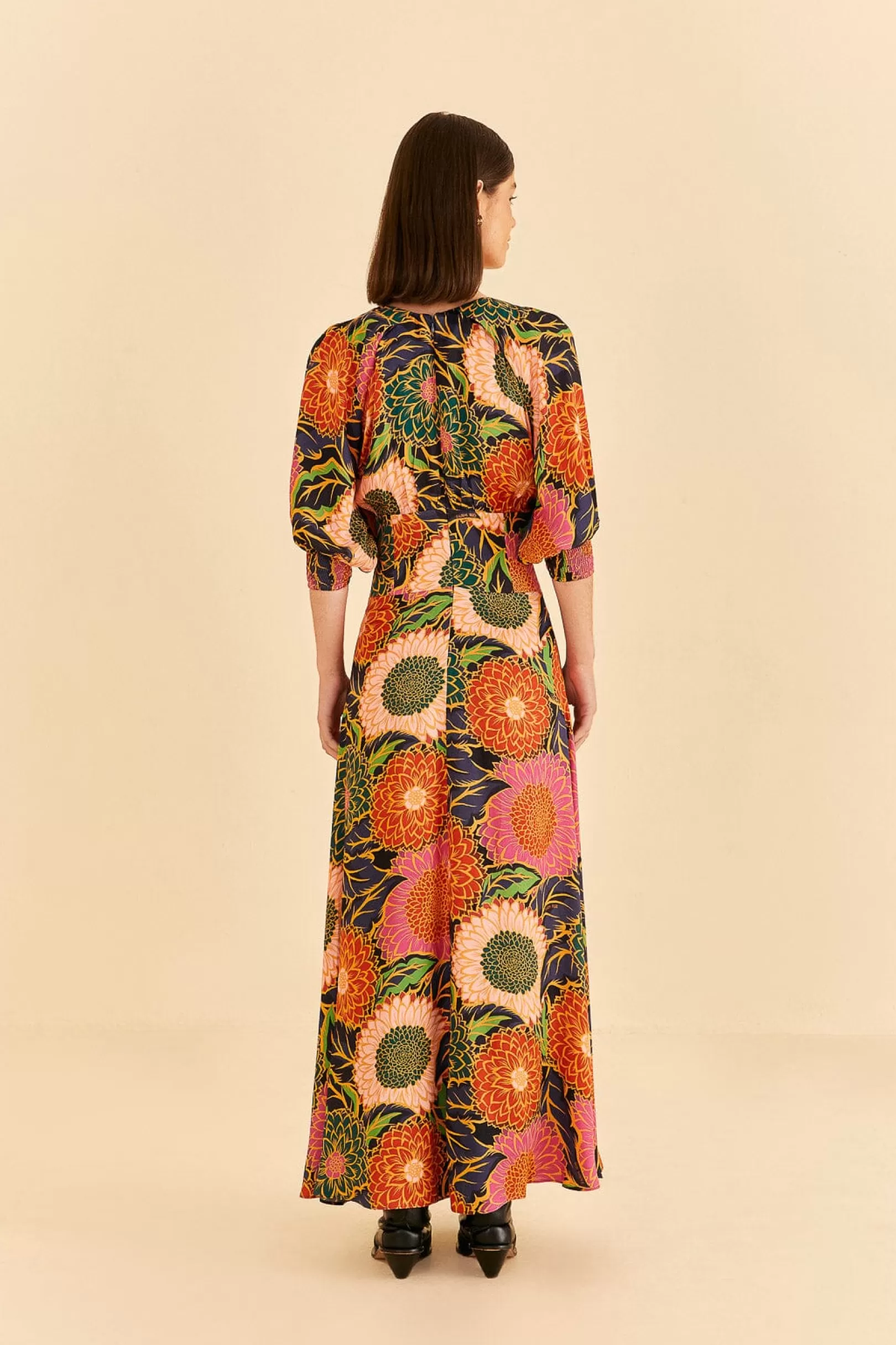 FARM Rio  MULTICOLOR VINTAGE GARDEN PUFF SLEEVE MAXI DRESS New