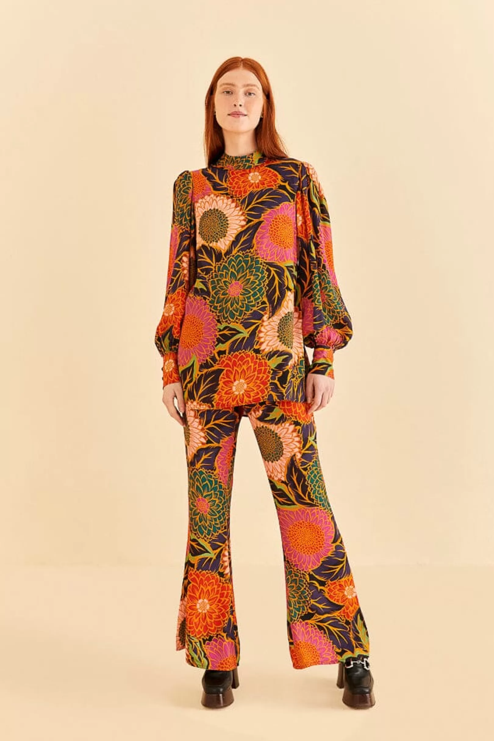 FARM Rio  MULTICOLOR VINTAGE GARDEN SATIN FLARE PANTS New