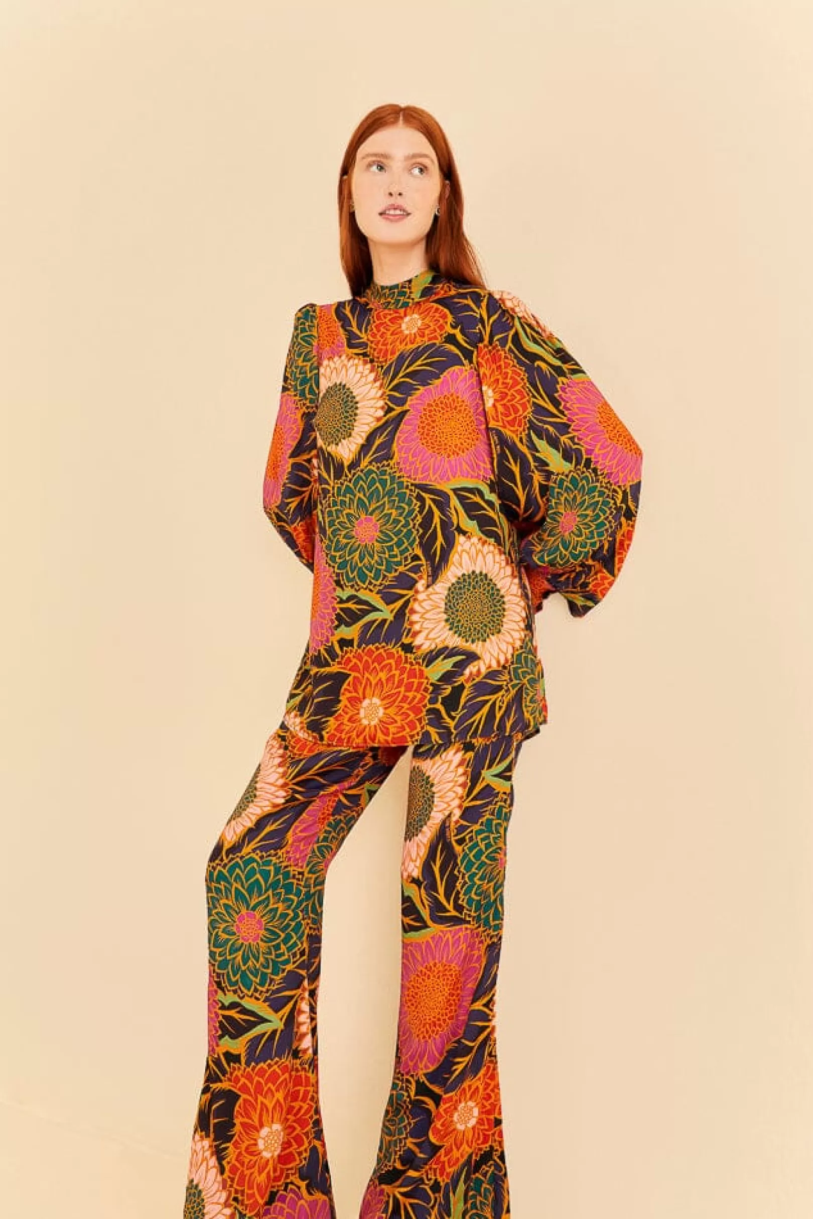 FARM Rio  MULTICOLOR VINTAGE GARDEN SATIN FLARE PANTS New