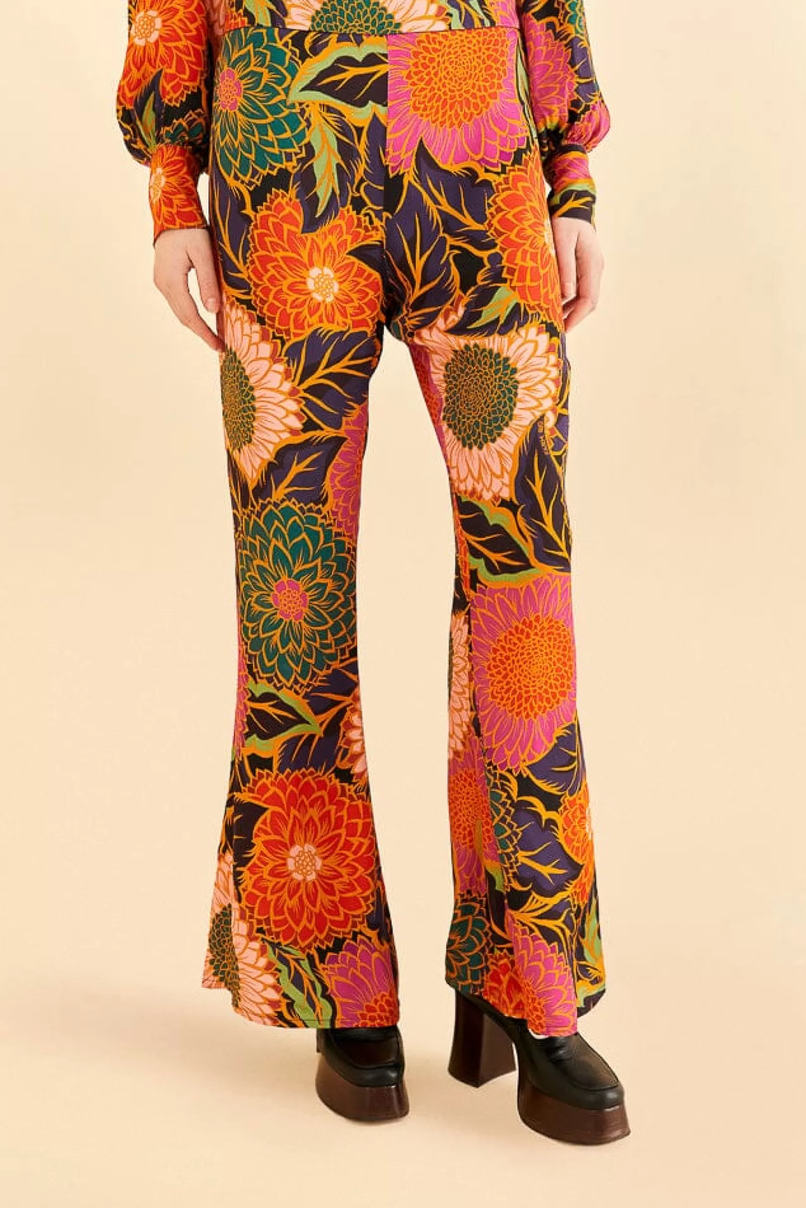 FARM Rio  MULTICOLOR VINTAGE GARDEN SATIN FLARE PANTS New