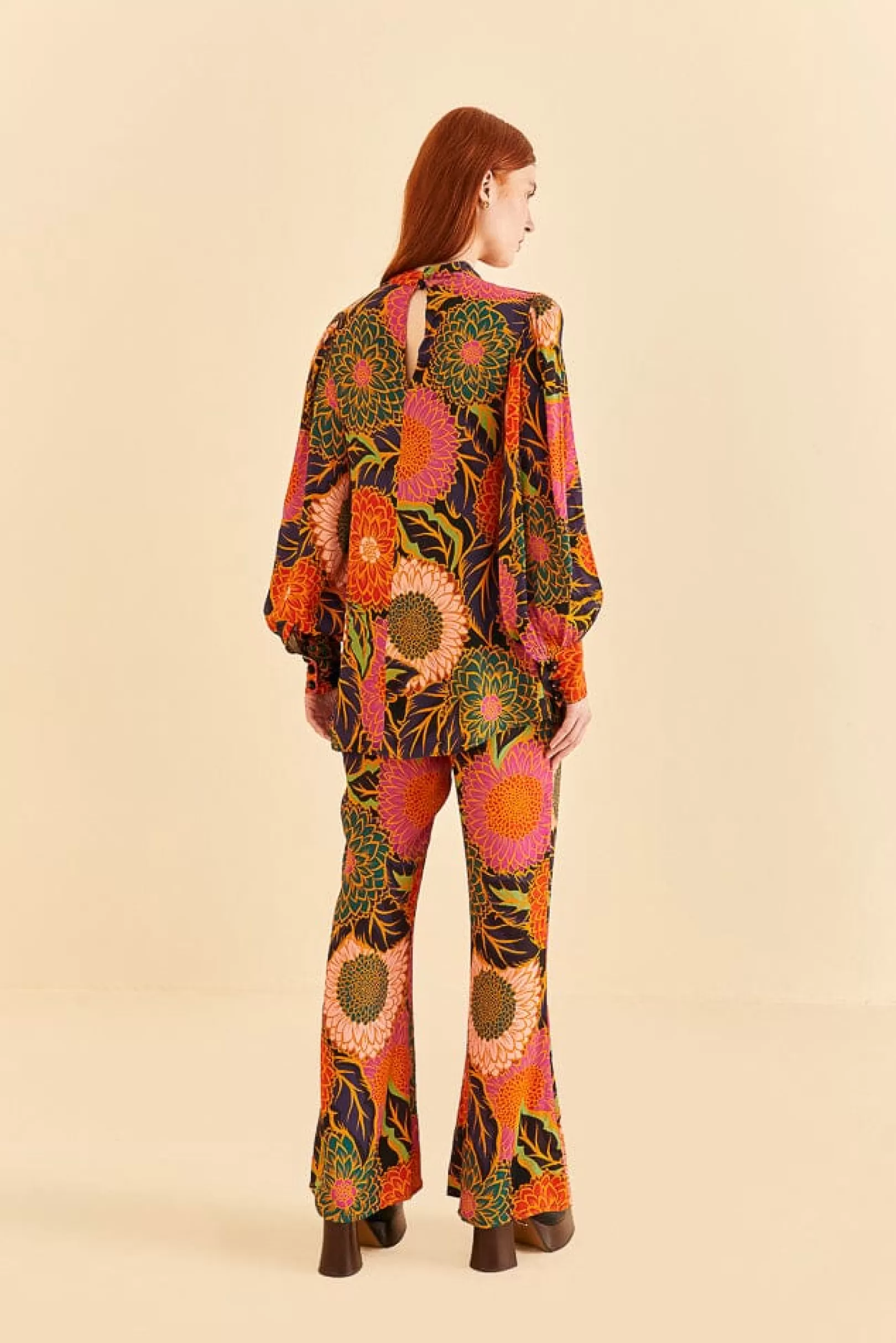 FARM Rio  MULTICOLOR VINTAGE GARDEN SATIN FLARE PANTS New
