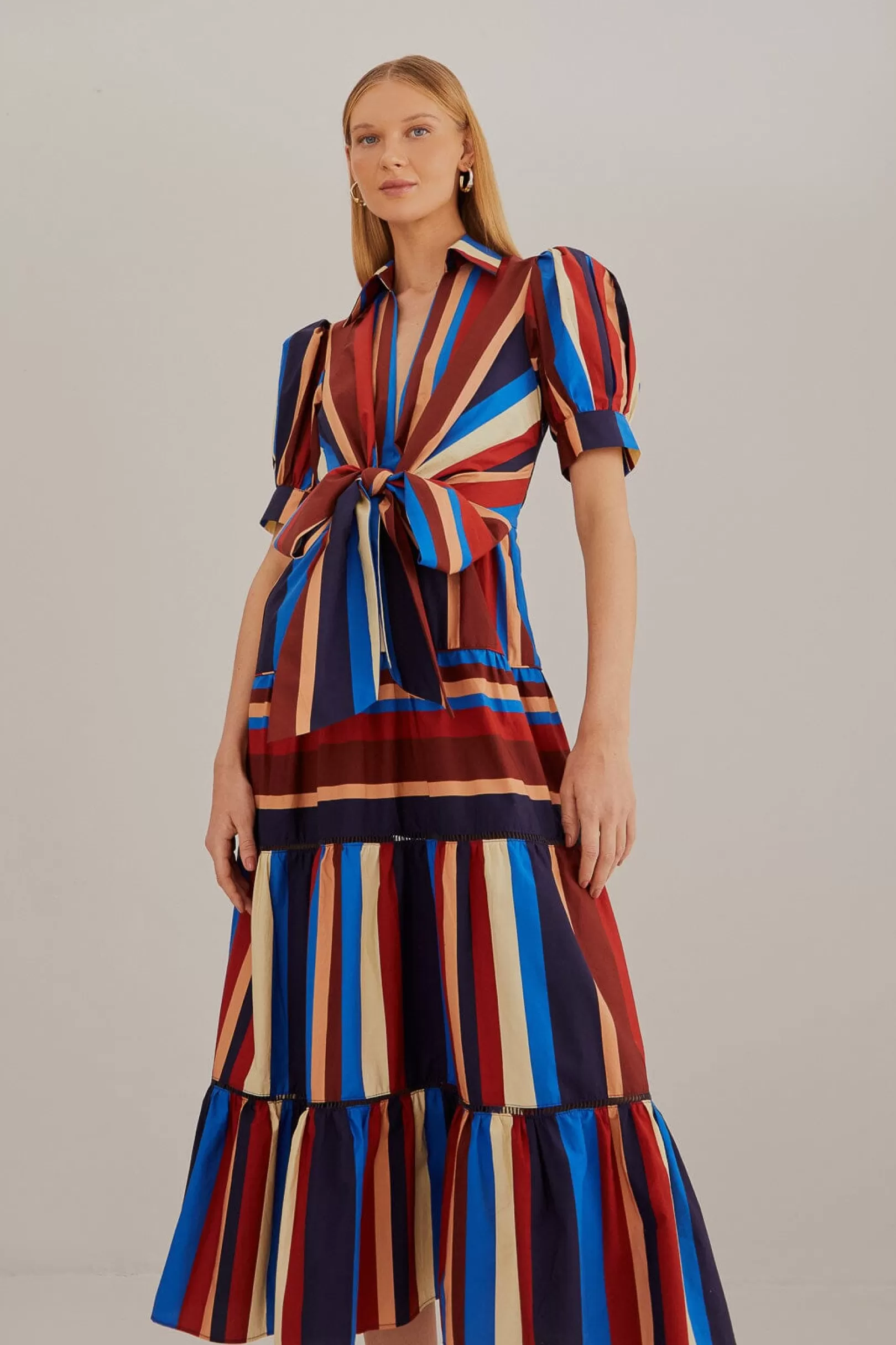 FARM Rio  MULTICOLOR WINTER STRIPES SHORT SLEEVE MIDI DRESS Discount