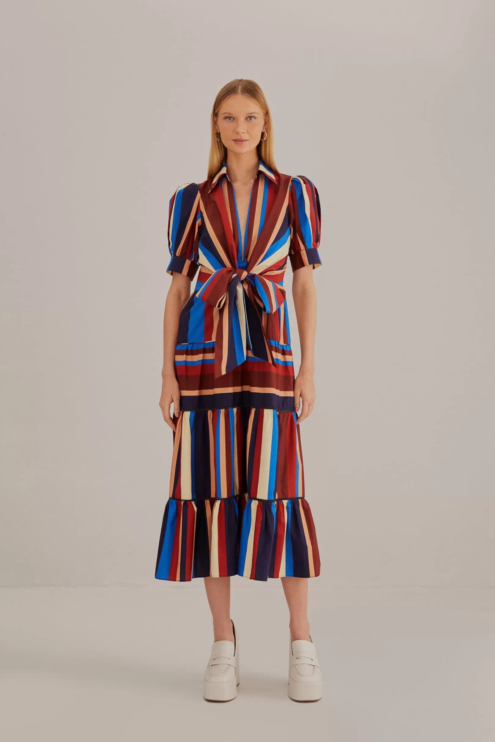 FARM Rio  MULTICOLOR WINTER STRIPES SHORT SLEEVE MIDI DRESS Discount