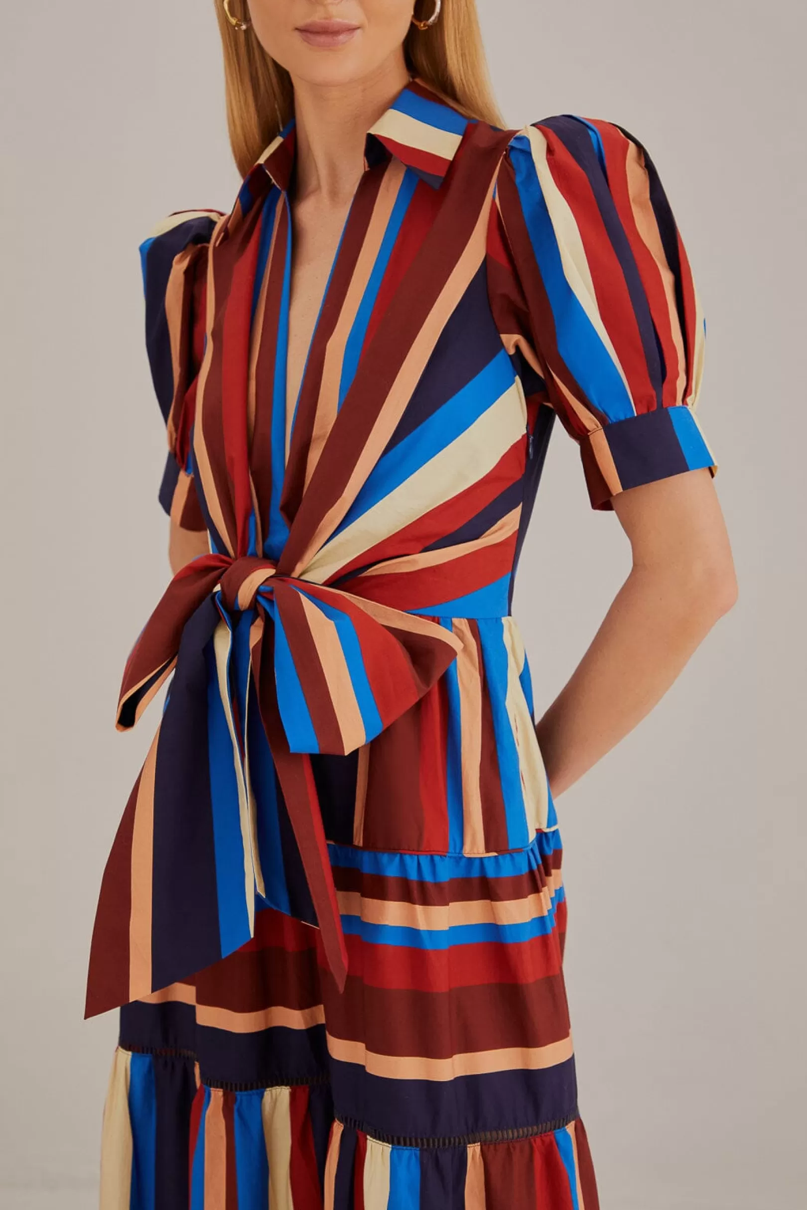 FARM Rio  MULTICOLOR WINTER STRIPES SHORT SLEEVE MIDI DRESS Discount