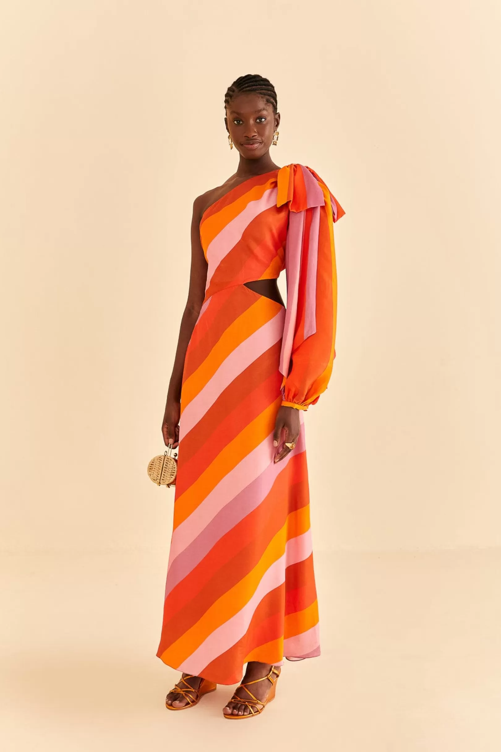 FARM Rio  PARTY STRIPES MULTICOLOR ONE SHOULDER MAXI DRESS Discount