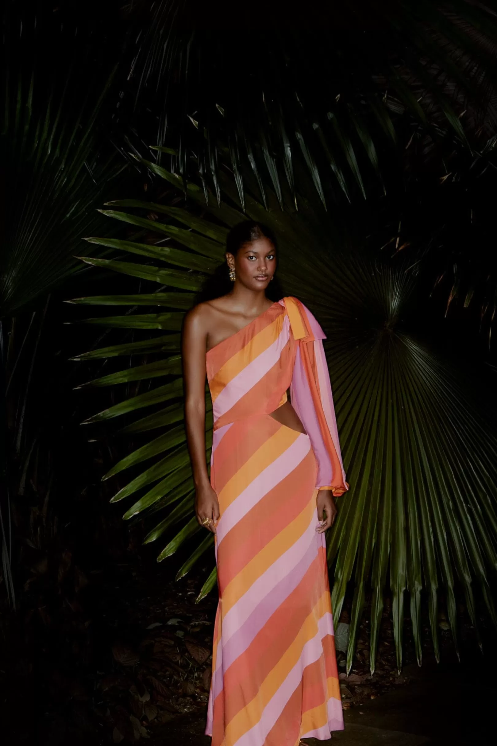 FARM Rio  PARTY STRIPES MULTICOLOR ONE SHOULDER MAXI DRESS Discount