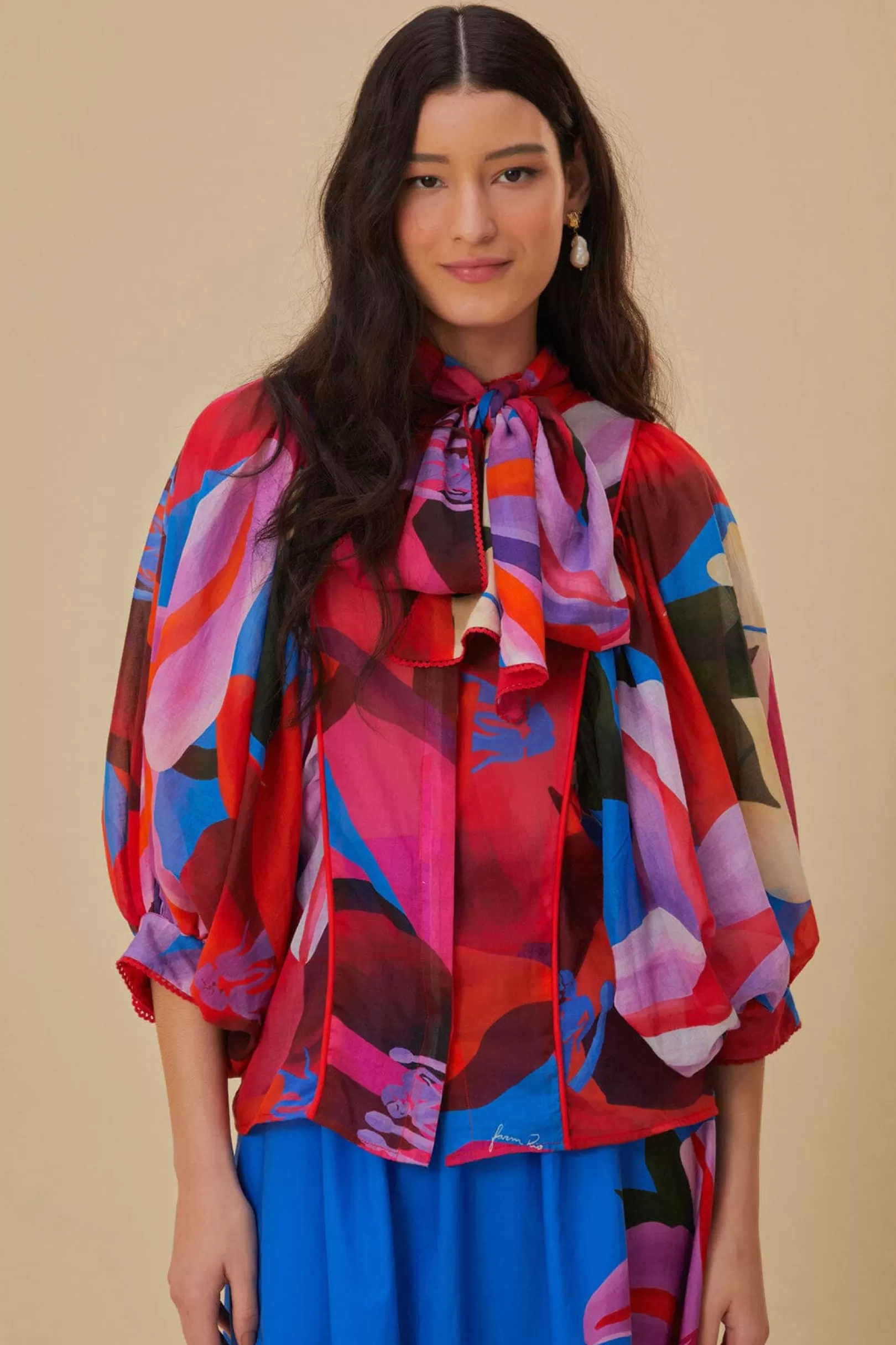 FARM Rio  WATERCOLOR FLORAL BLUE LONG SLEEVE BLOUSE Clearance