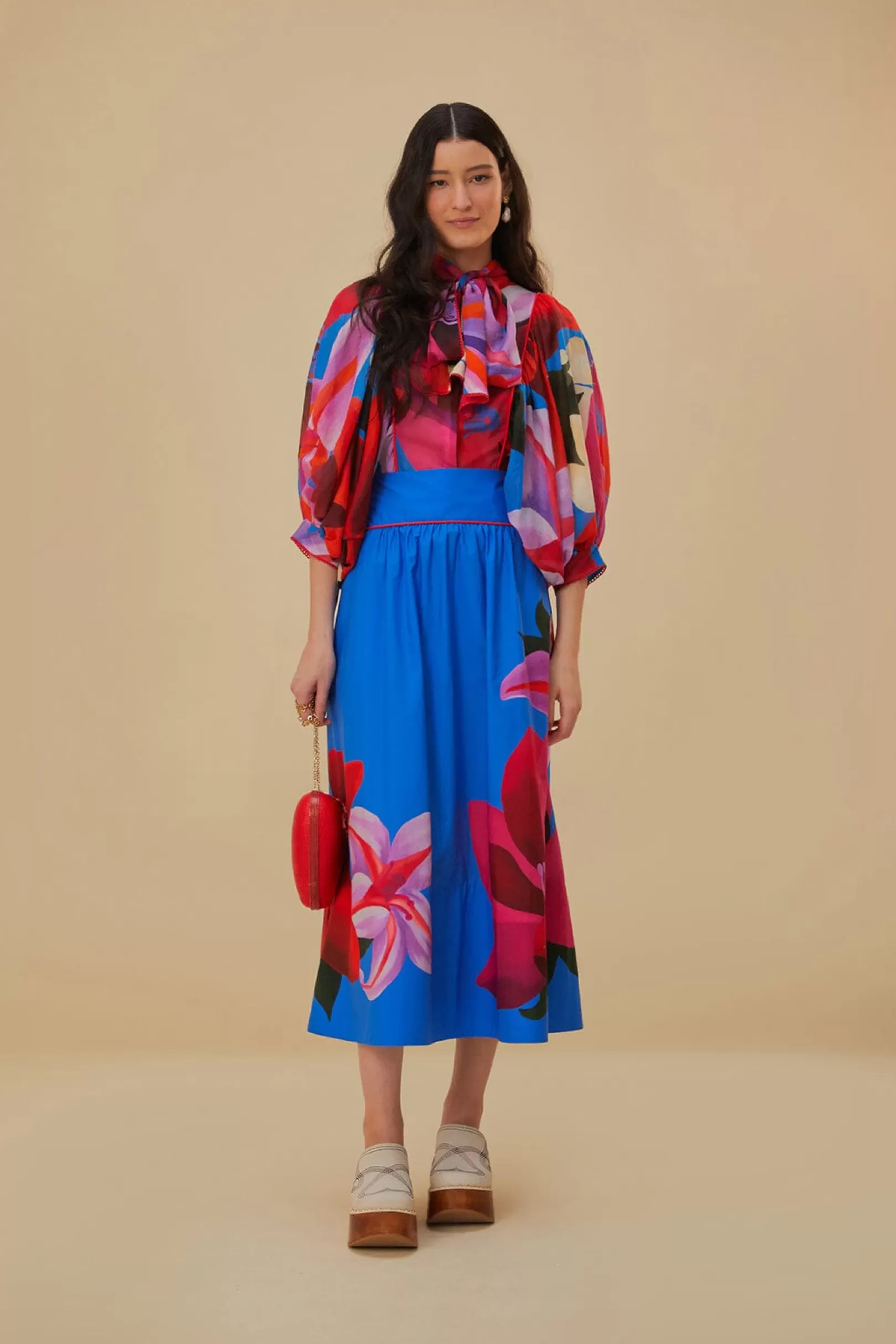 FARM Rio  WATERCOLOR FLORAL BLUE LONG SLEEVE BLOUSE Clearance
