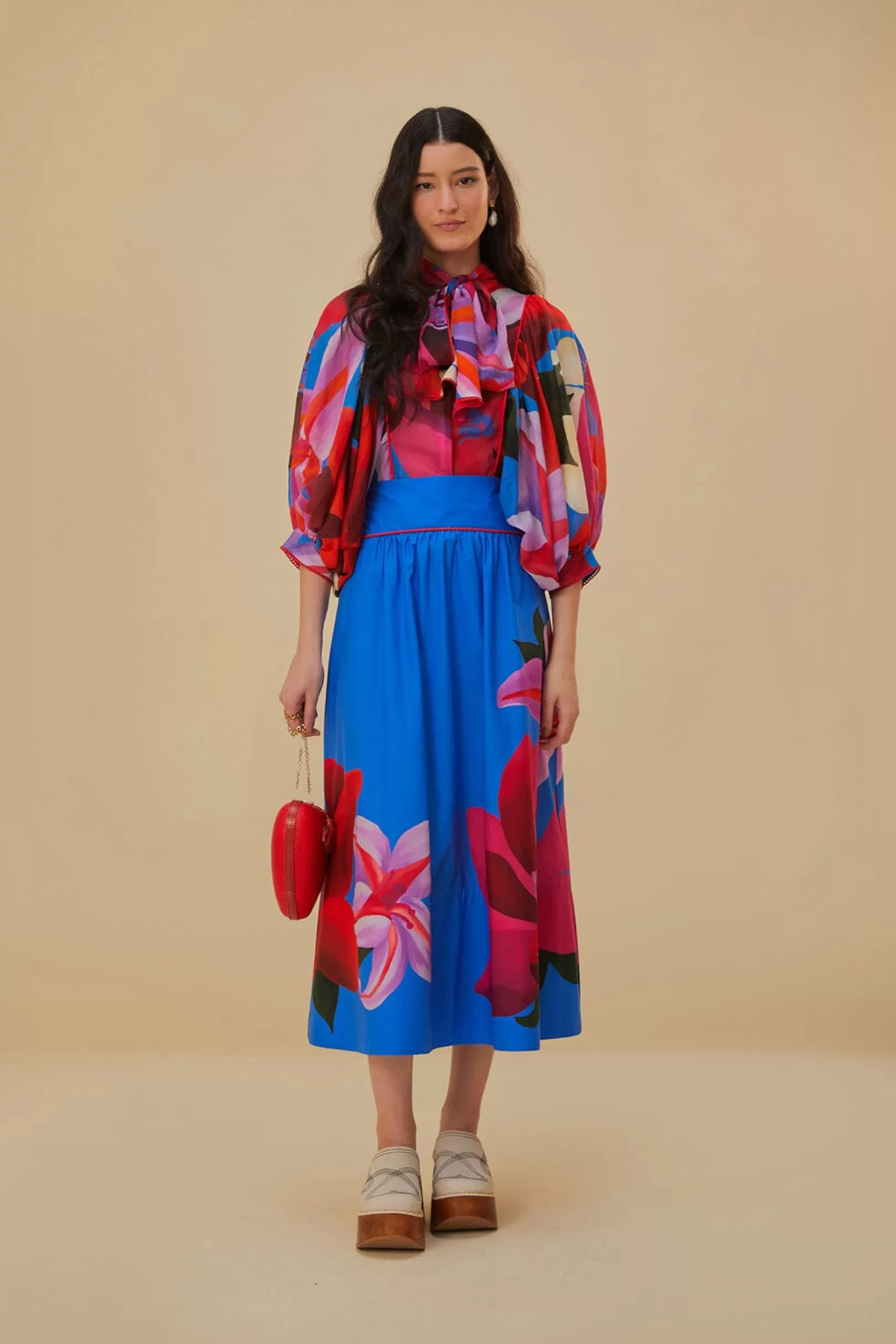 FARM Rio  WATERCOLOR FLORAL BLUE MIDI SKIRT Fashion