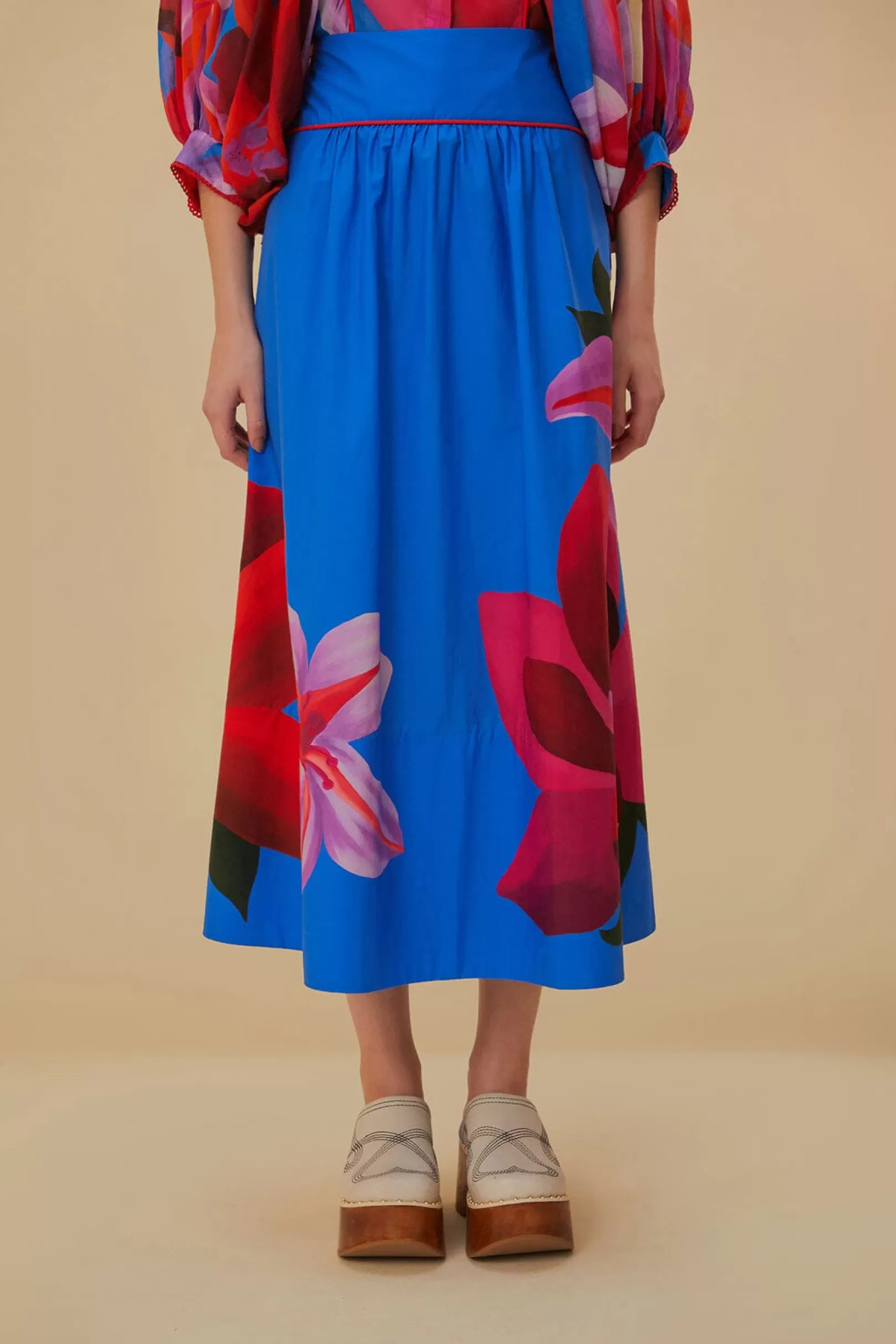 FARM Rio  WATERCOLOR FLORAL BLUE MIDI SKIRT Fashion