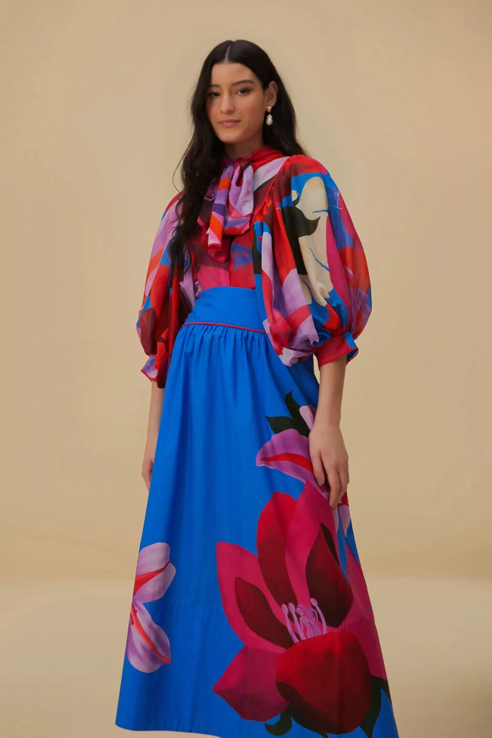 FARM Rio  WATERCOLOR FLORAL BLUE MIDI SKIRT Fashion