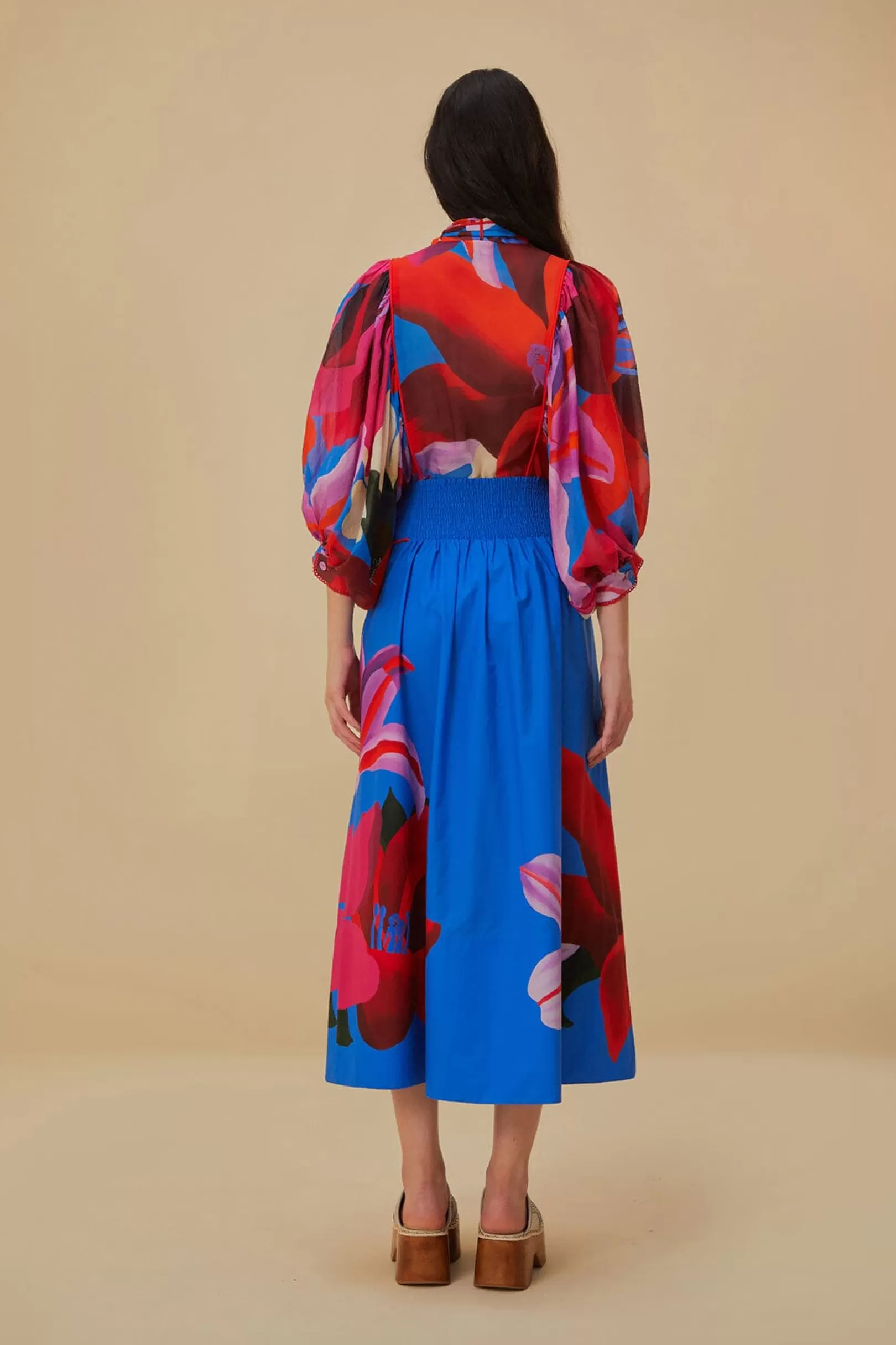 FARM Rio  WATERCOLOR FLORAL BLUE MIDI SKIRT Fashion